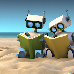 Robots reading on the beach, thanks to DALL-E